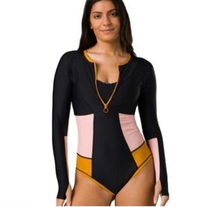 PrAna Long Sleeve McKalya One-Piece Swimsuit Black Pink Mustard Rash Guard M
